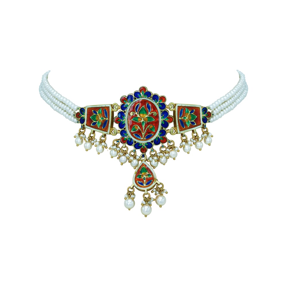 Mint Enamel Choker with Polki Diamonds and Pearls